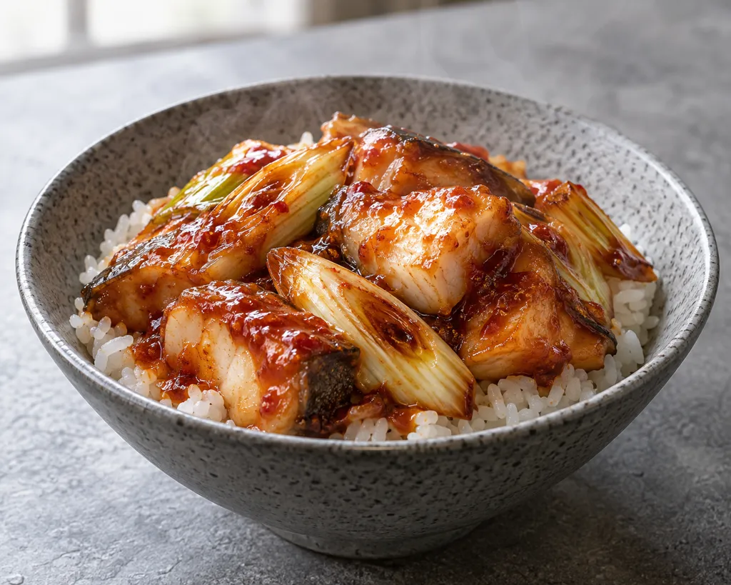たらとねぎの韓国甘辛丼の完成イメージ