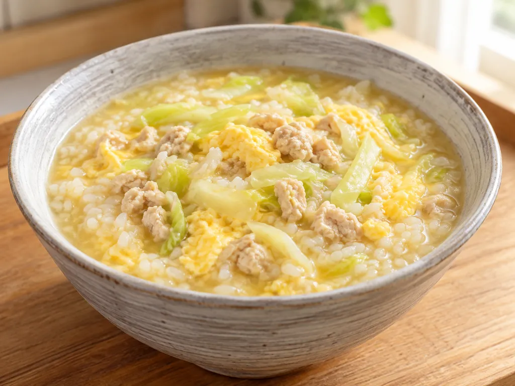 鶏ひき肉とキャベツの卵雑炊の完成イメージ