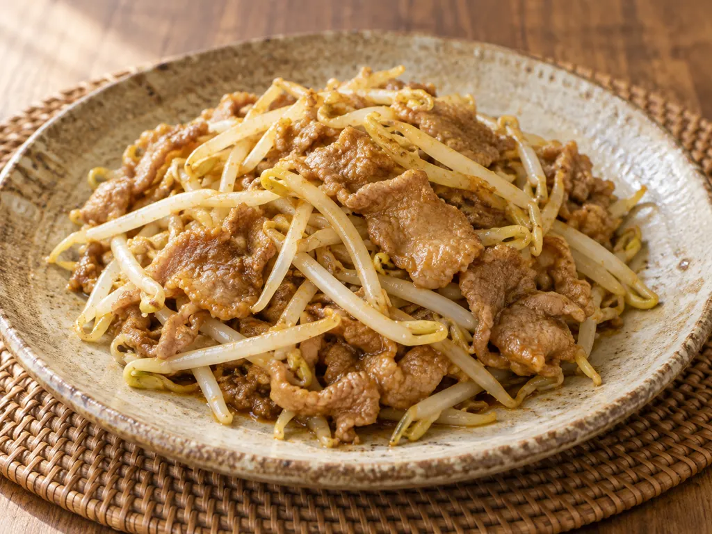 豚こま肉ともやしのカレー醤油炒めの完成イメージ