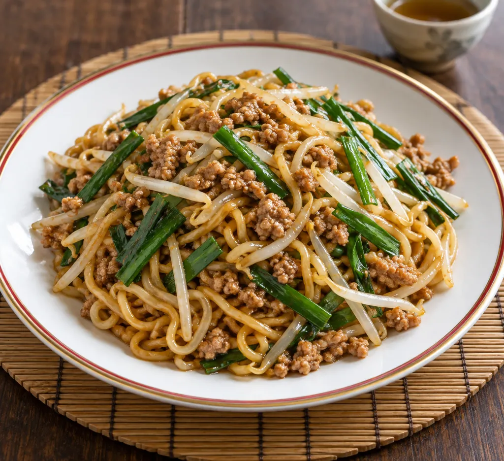 時短豚ひき肉とニラの中華焼きそばの完成イメージ