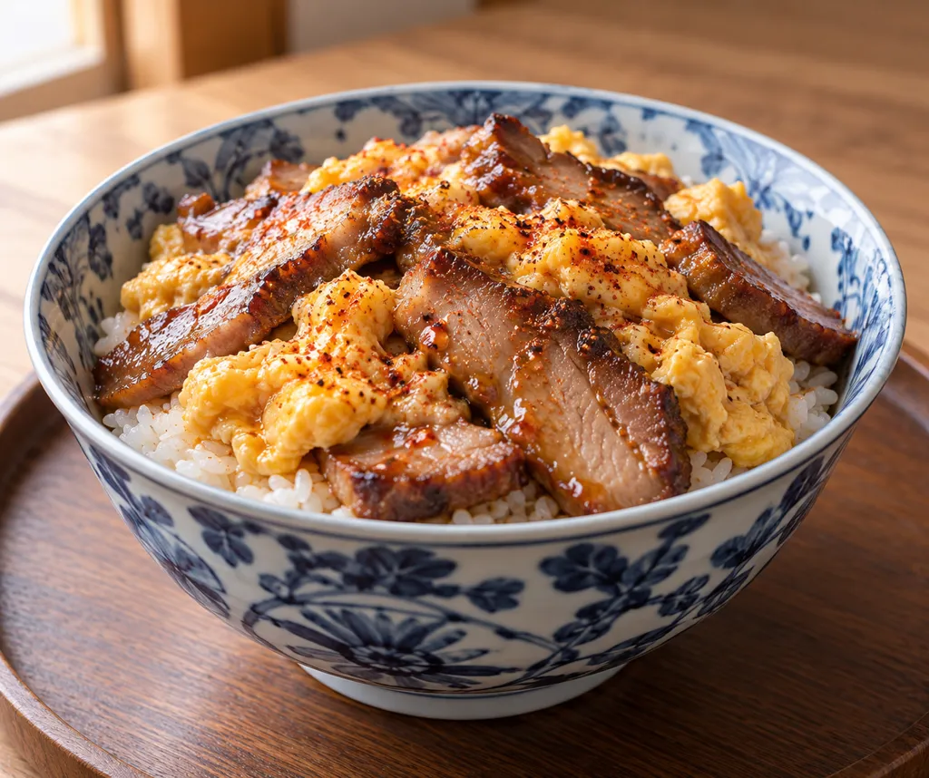チャーシューと卵の七味焼き丼の完成イメージ