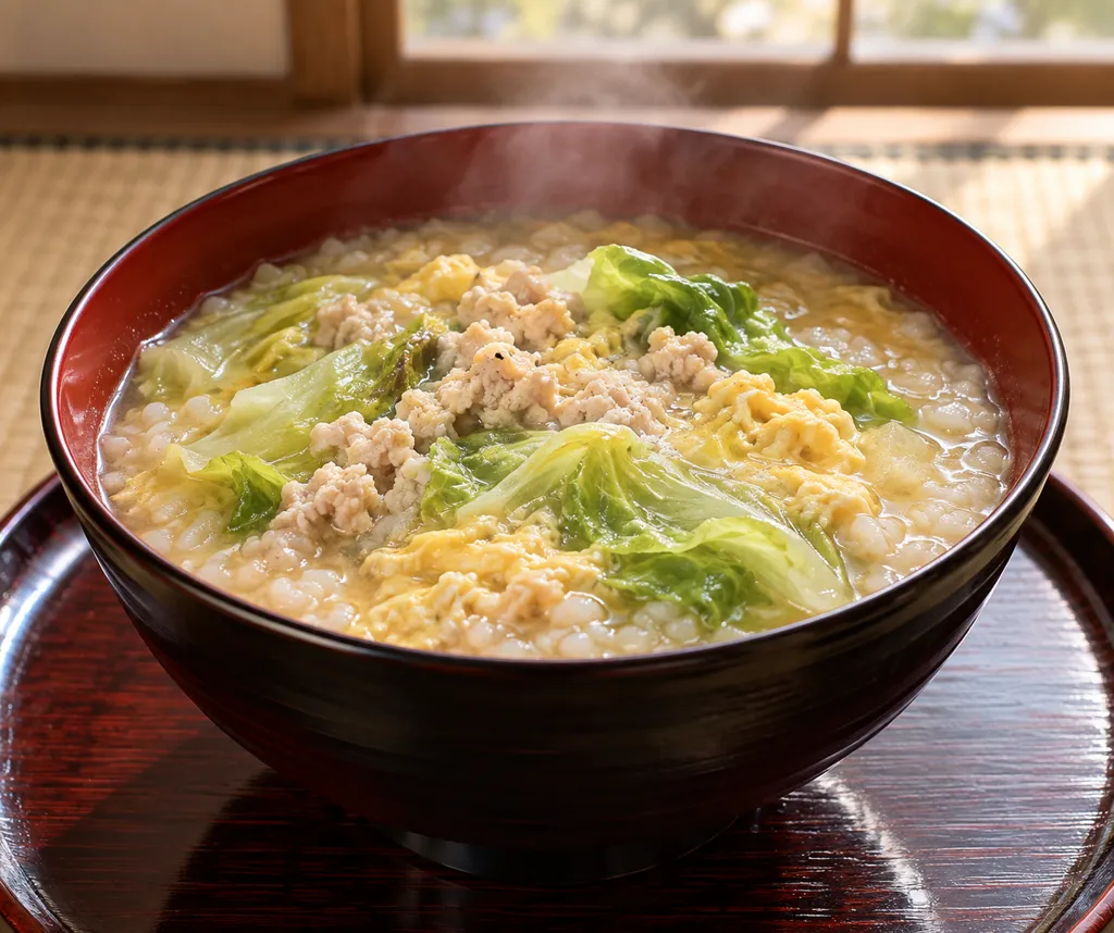 鶏ひき肉とレタスの卵雑炊の完成イメージ