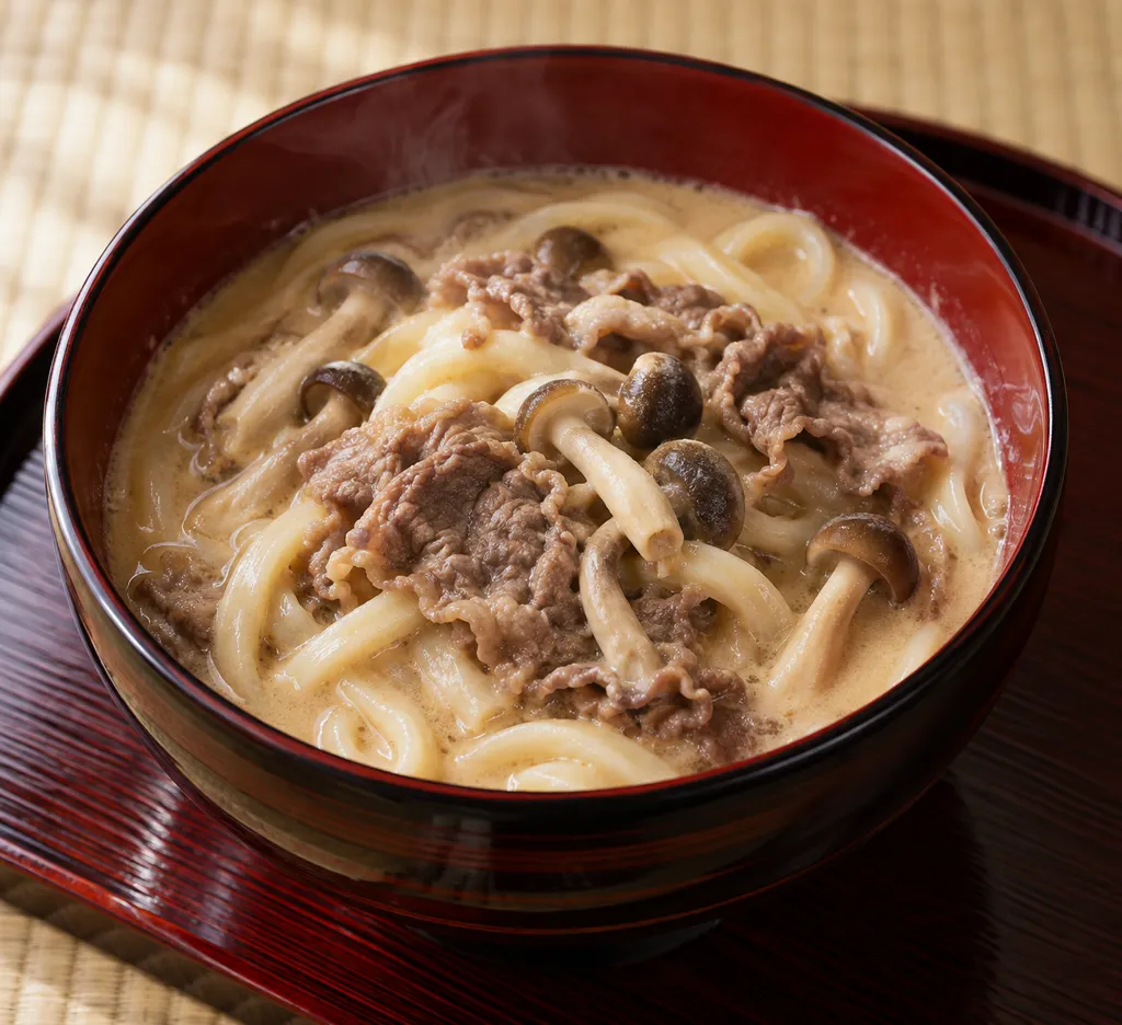 牛薄切り肉としめじの甘みそ豆乳うどんの完成イメージ