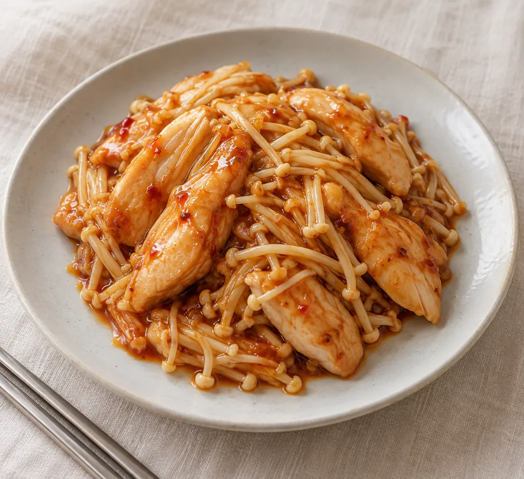 鶏むね肉とえのきのスイートチリ炒めの完成イメージ
