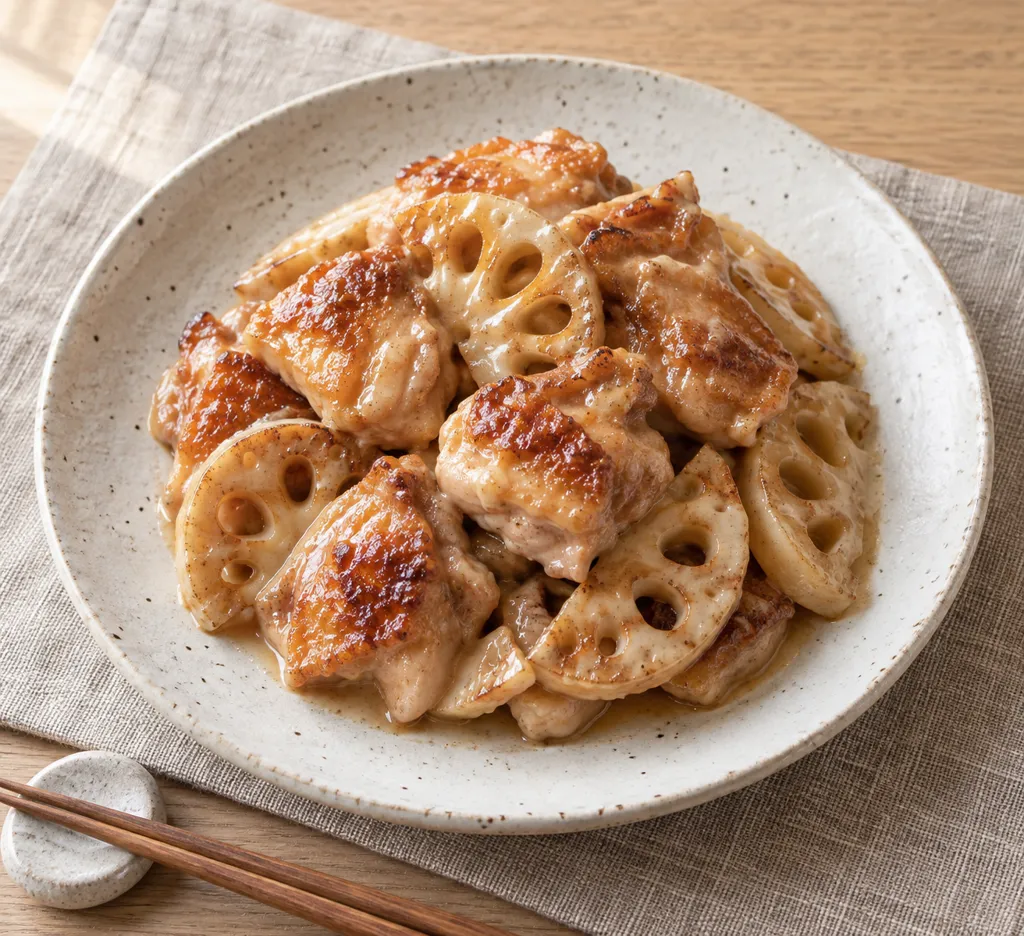 鶏もも肉とれんこんのしょうがマヨ焼きの完成イメージ