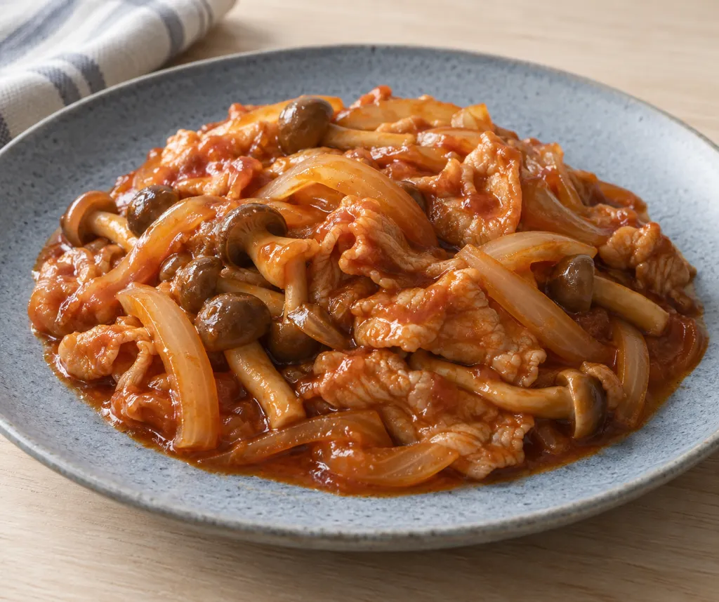 豚もも肉としめじのケチャップ煮の完成イメージ