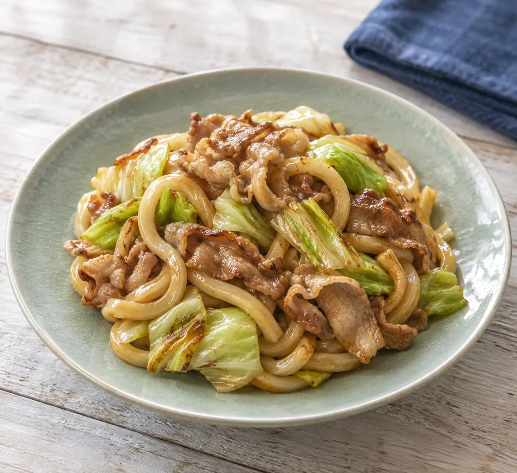 豚こま肉とキャベツのだし醤油焼きうどんの完成イメージ