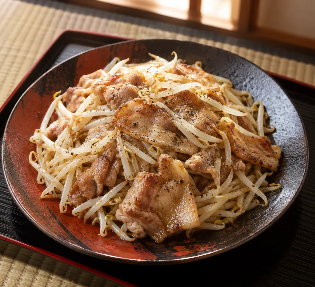 豚バラ肉ともやしのバター醤油焼きの完成イメージ