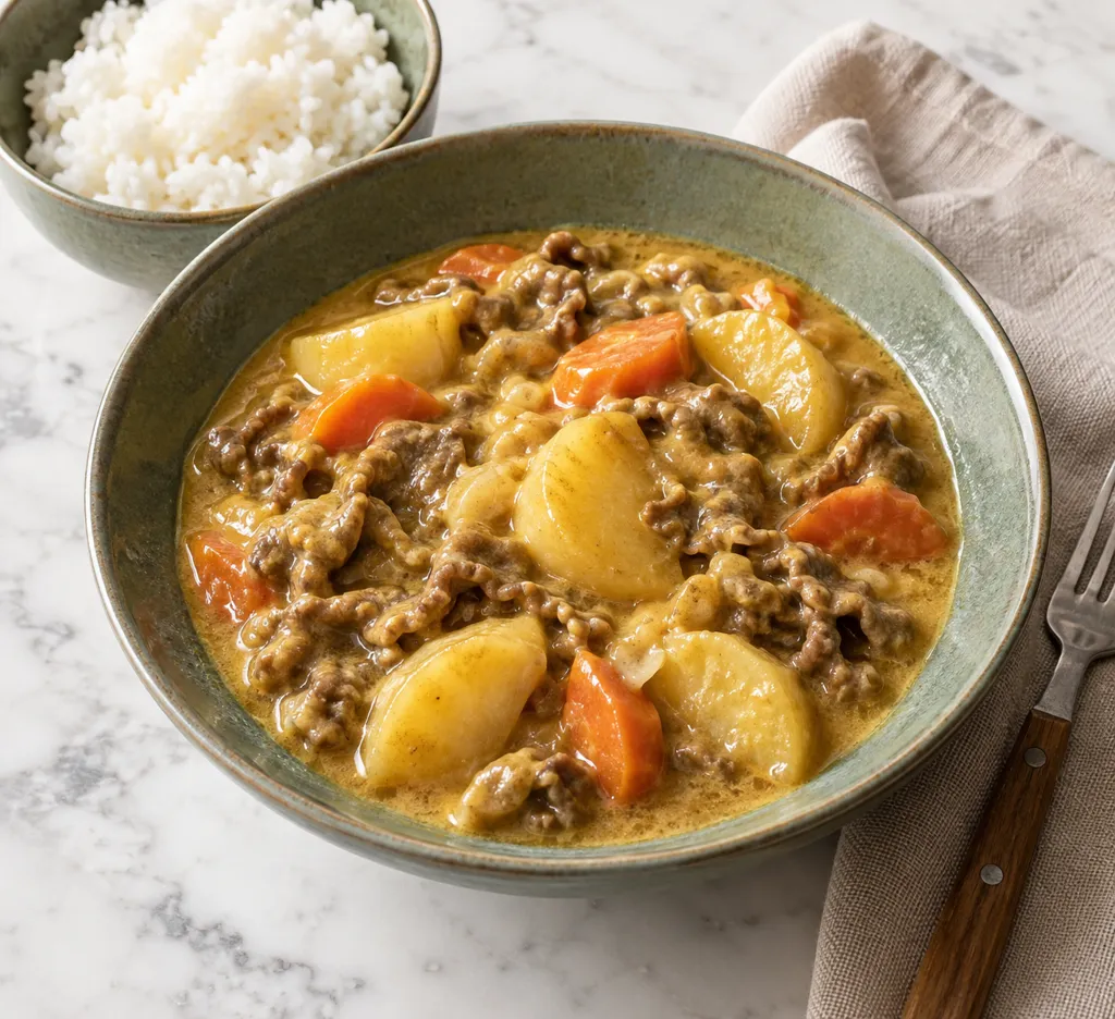 牛こま肉とじゃがいものカレークリーム煮の完成イメージ