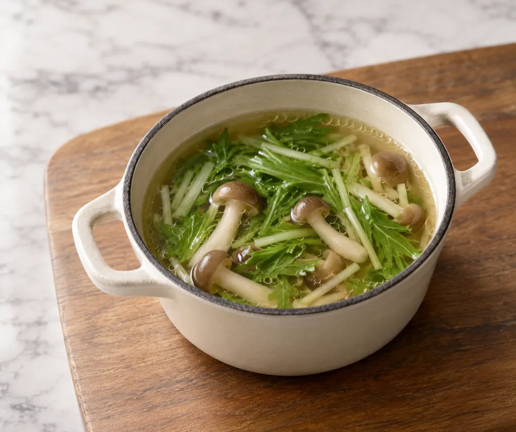水菜としめじのレンジコンソメスープの完成イメージ