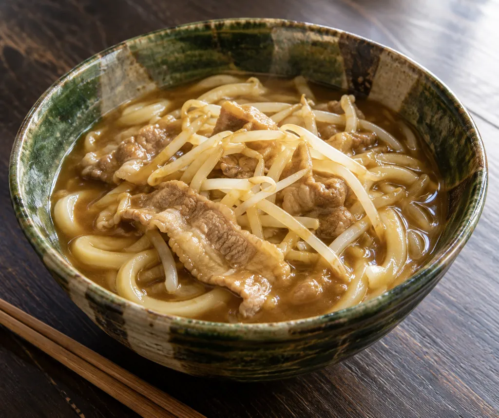 豚バラ肉ともやしのカレーうどんの完成イメージ