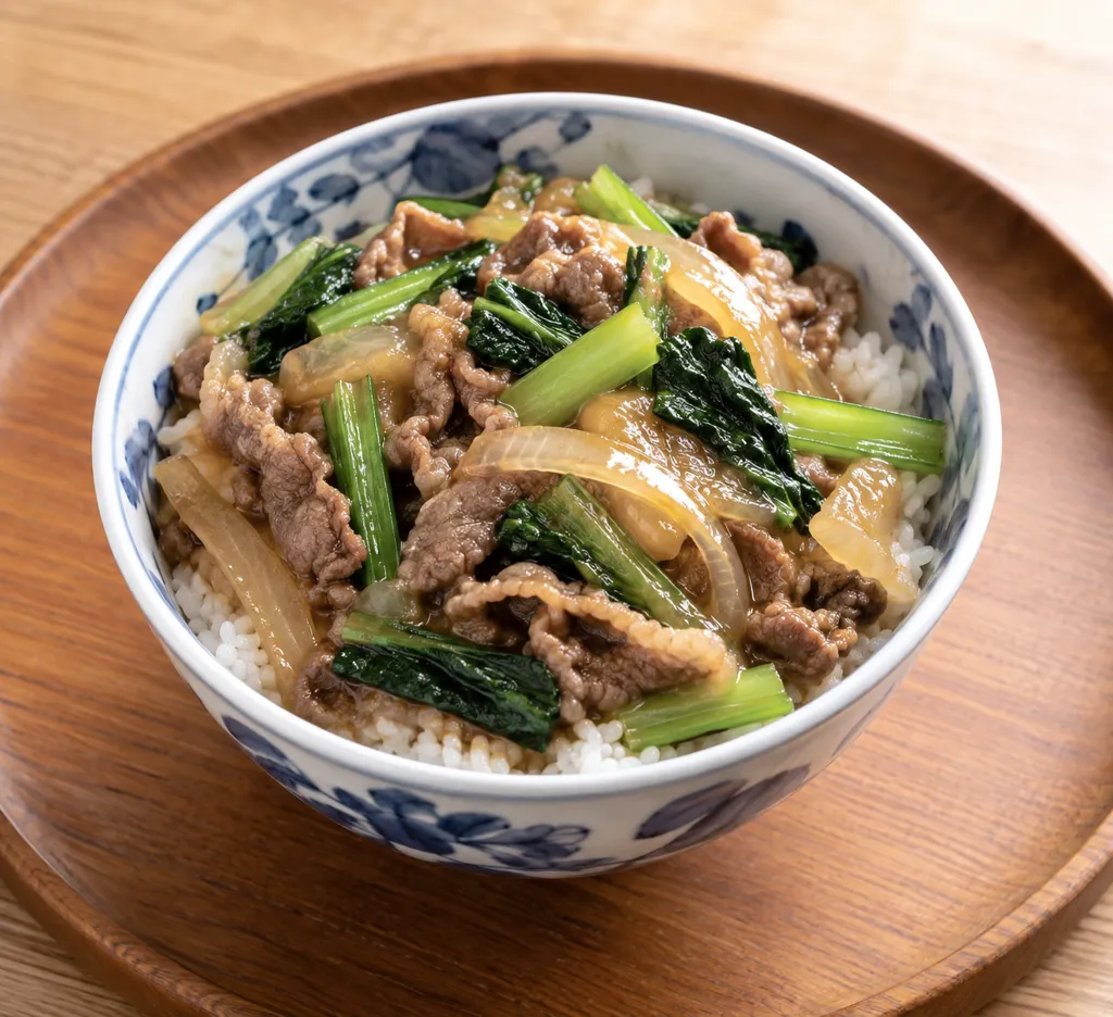 小松菜と玉ねぎの牛丼の完成イメージ