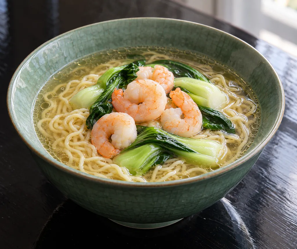 時短えびとチンゲン菜の中華スープ麺の完成イメージ