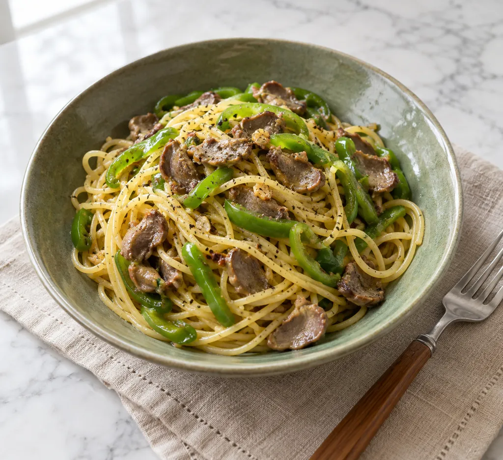 砂肝とピーマンのペペロン風パスタの完成イメージ