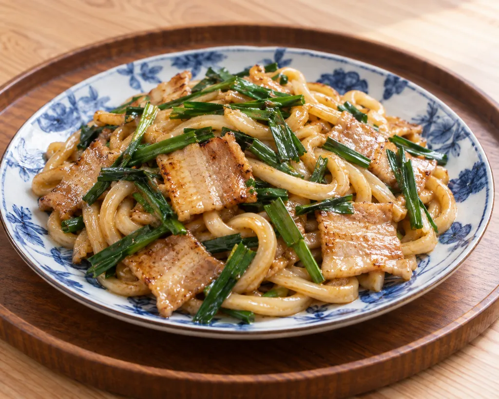 豚バラ肉とニラの味噌焼きうどんの完成イメージ