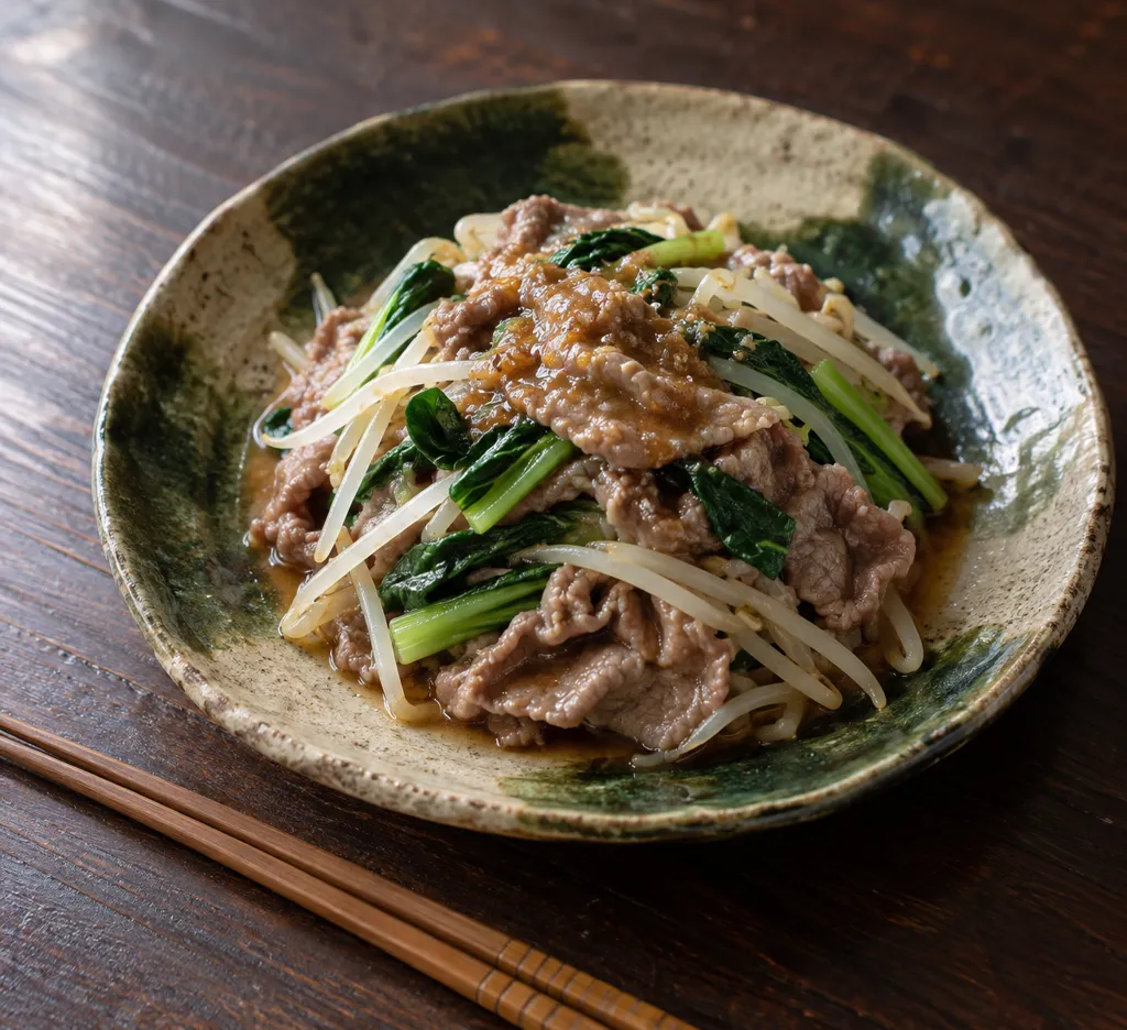 牛肉と小松菜のレンジ重ね蒸しの完成イメージ