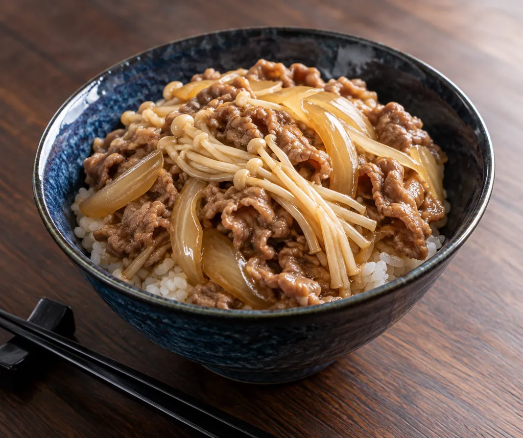 えのきと玉ねぎの牛丼の完成イメージ