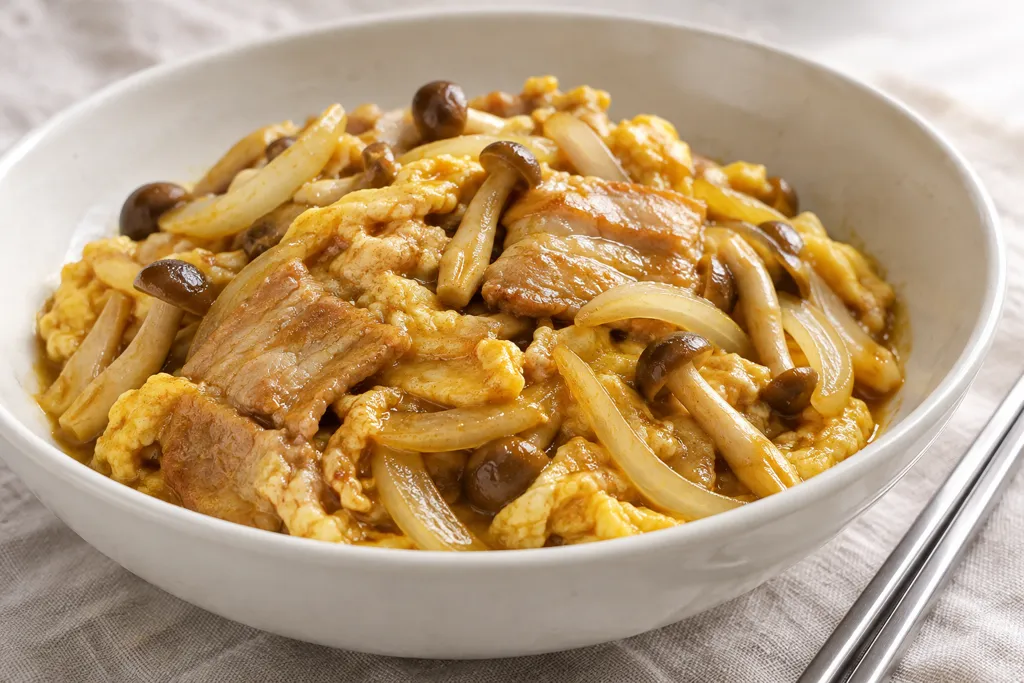 豚バラ肉としめじのタイ風カレー卵炒めの完成イメージ
