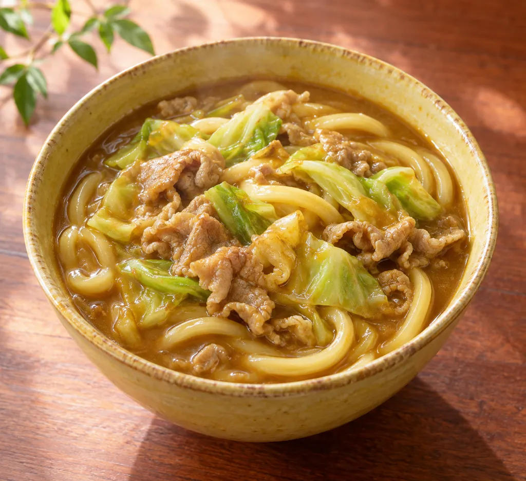 豚こま肉とキャベツのカレーうどんの完成イメージ