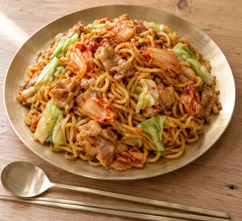 時短豚こまとキャベツのキムチ焼きそばの完成イメージ