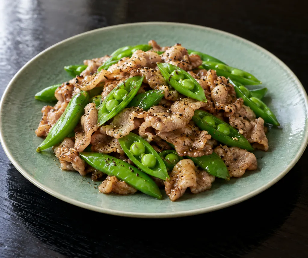 豚肉とスナップえんどうの黒胡椒炒めの完成イメージ