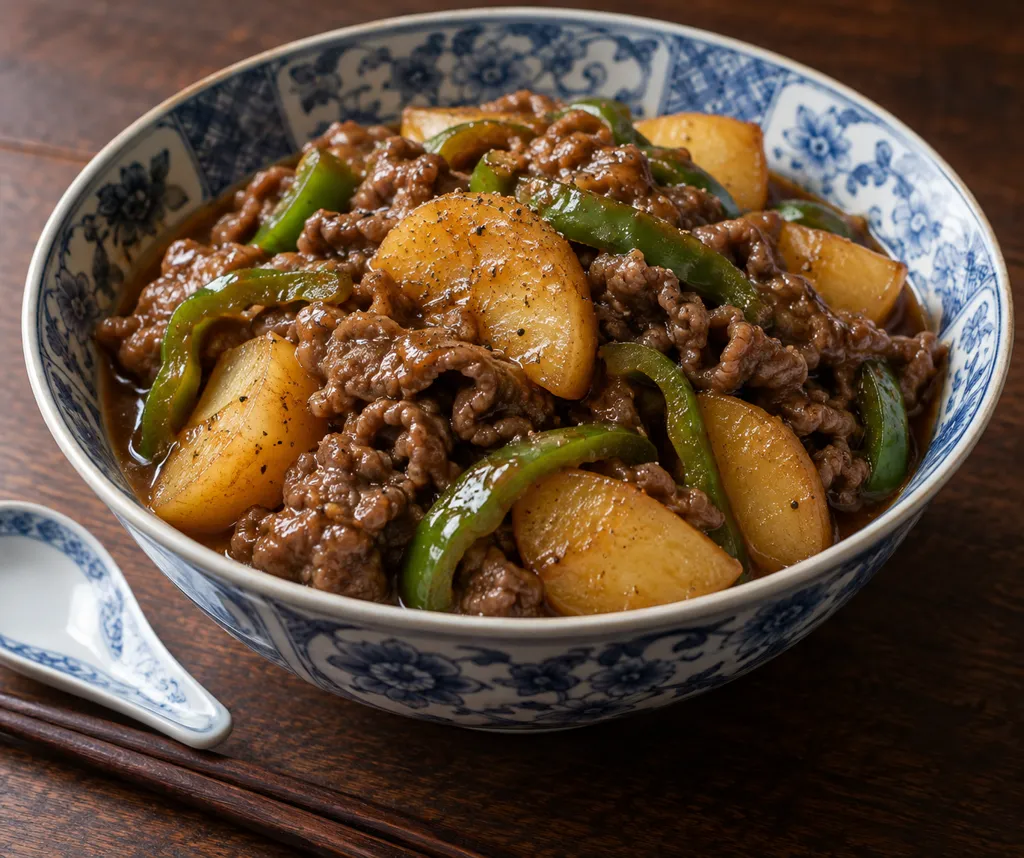 牛こま肉とピーマンの中華肉じゃがの完成イメージ
