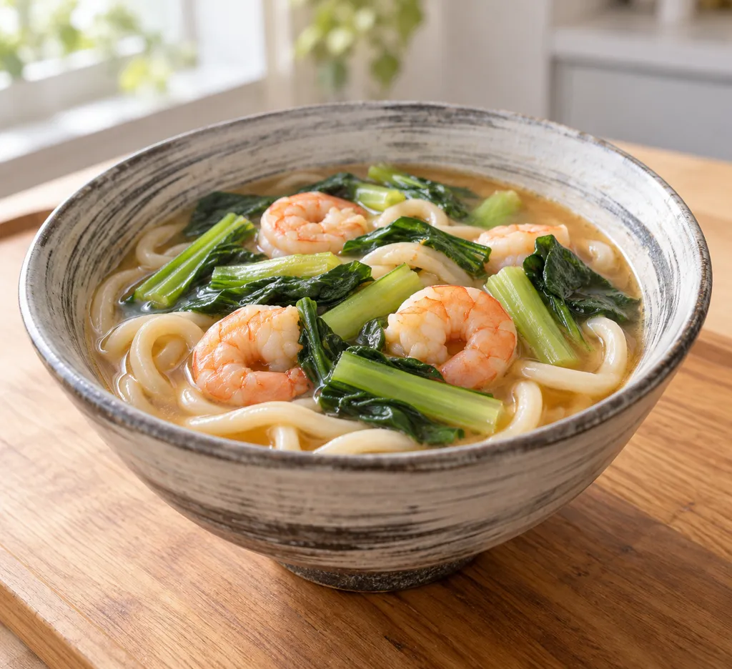 えびと小松菜の味噌煮込みうどんの完成イメージ