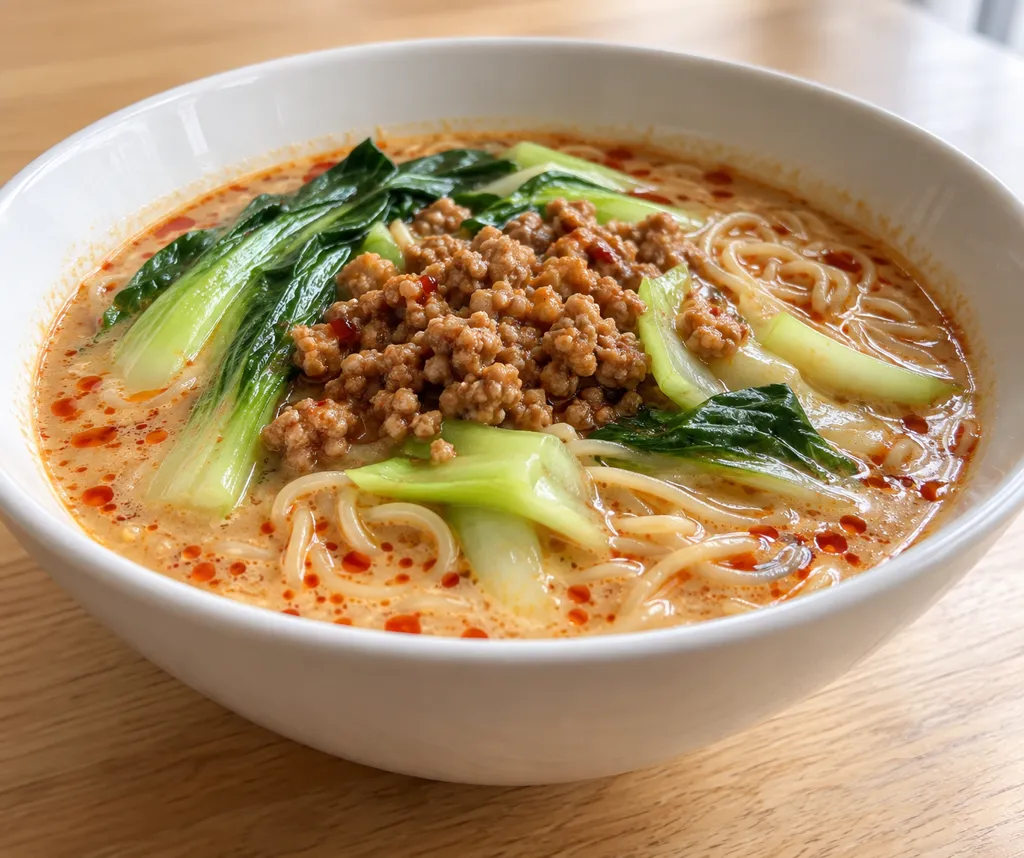 時短豚ひき肉とチンゲン菜の担々麺の完成イメージ