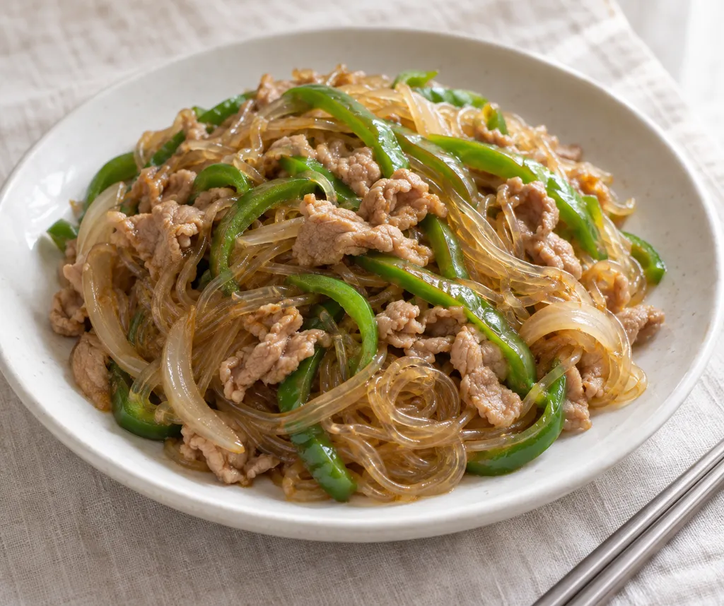 豚こま肉とピーマンのチャプチェの完成イメージ