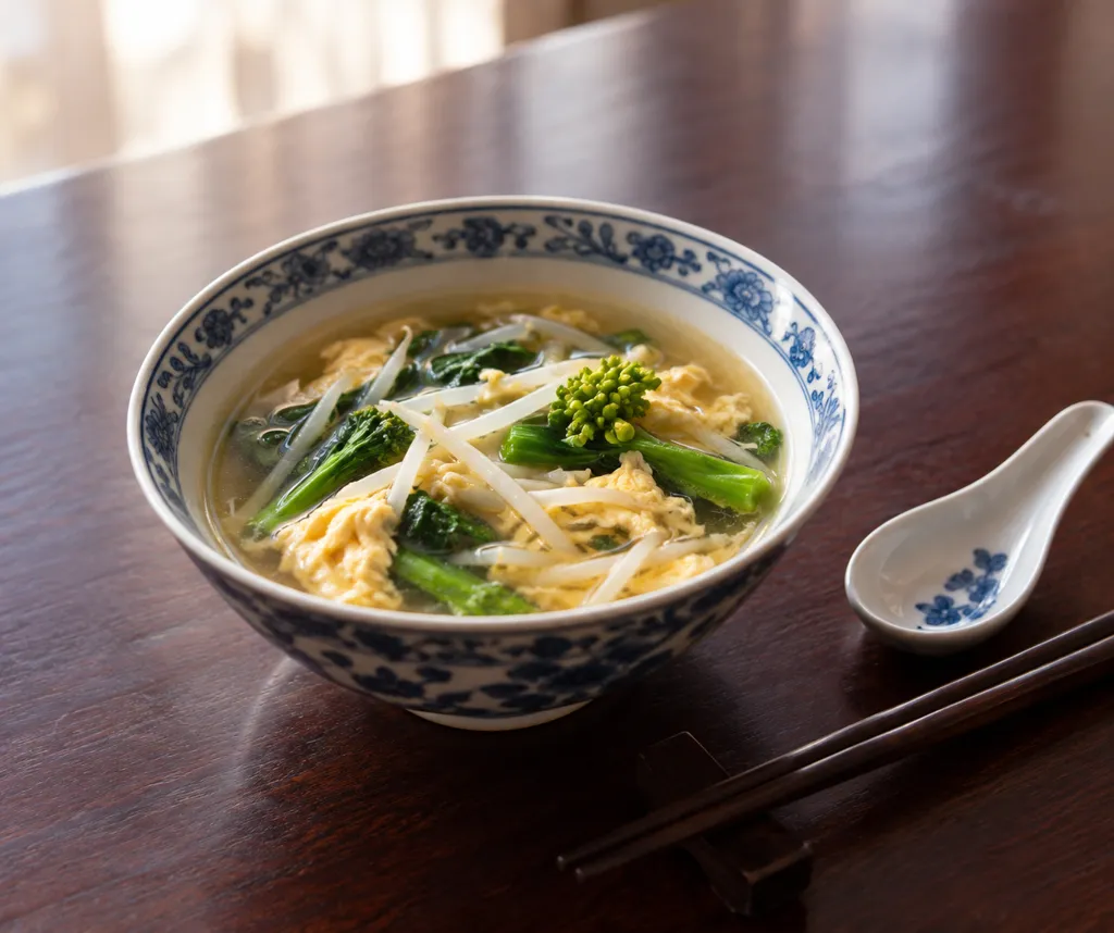 もやしと菜の花の卵入り中華汁の完成イメージ