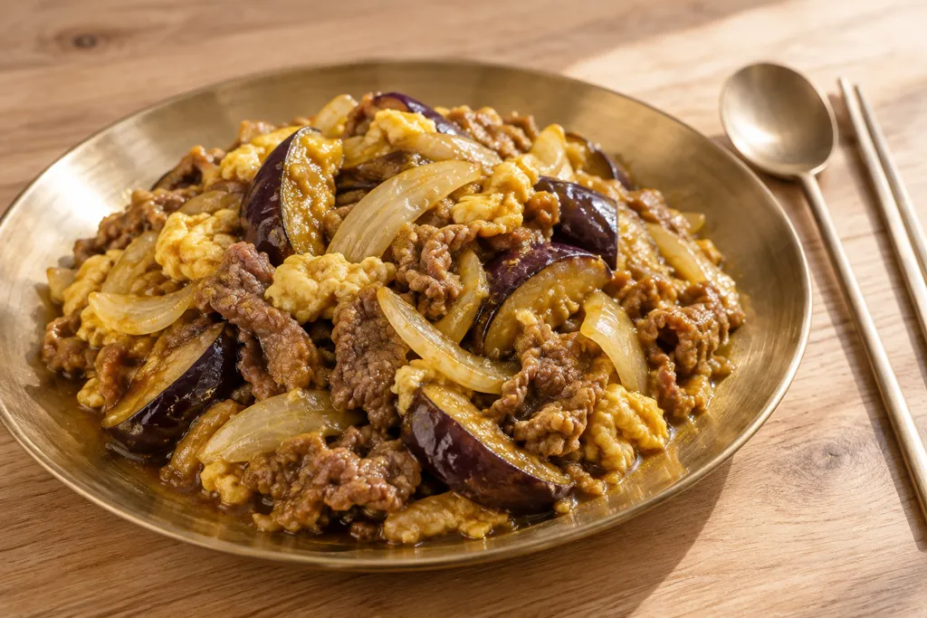 牛薄切り肉となすのタイ風カレー炒めの完成イメージ