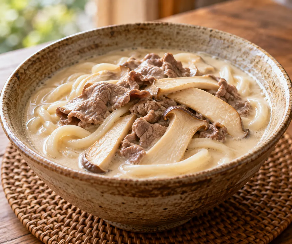 牛肉とエリンギの豆乳うどんの完成イメージ