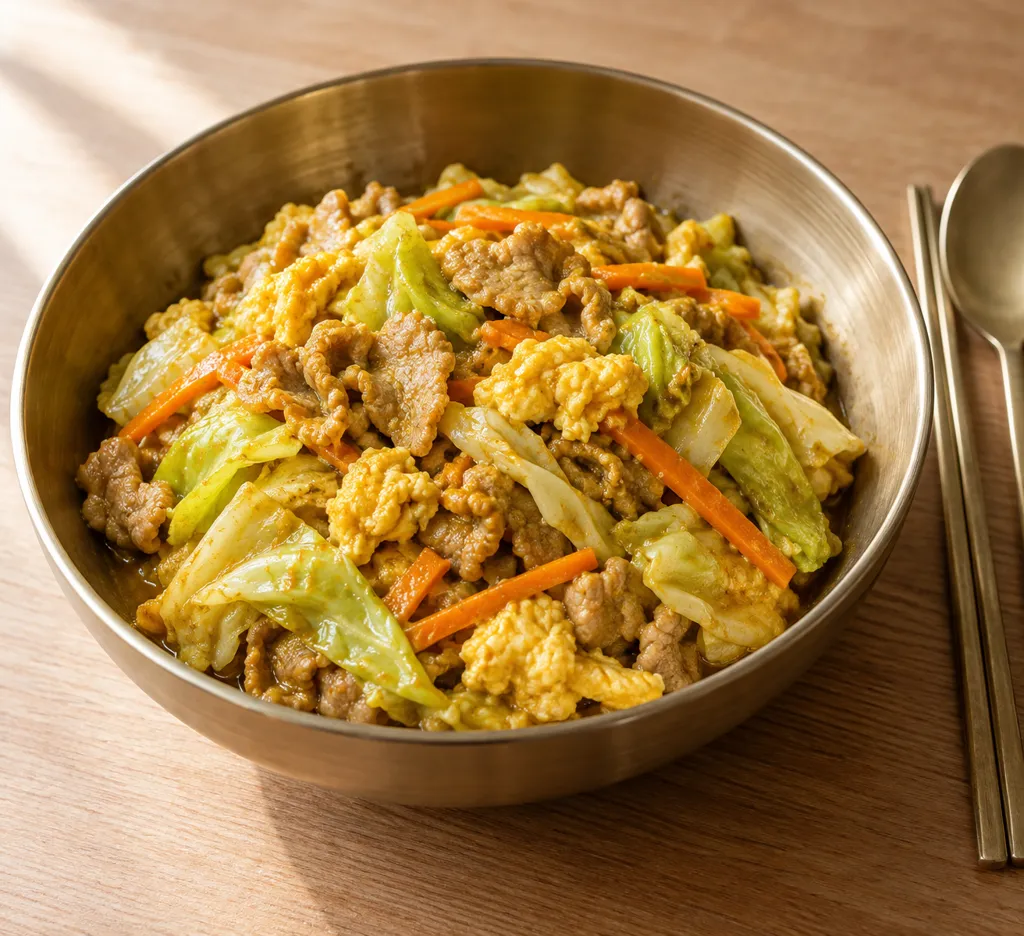豚こま肉とキャベツのタイ風カレー卵炒めの完成イメージ