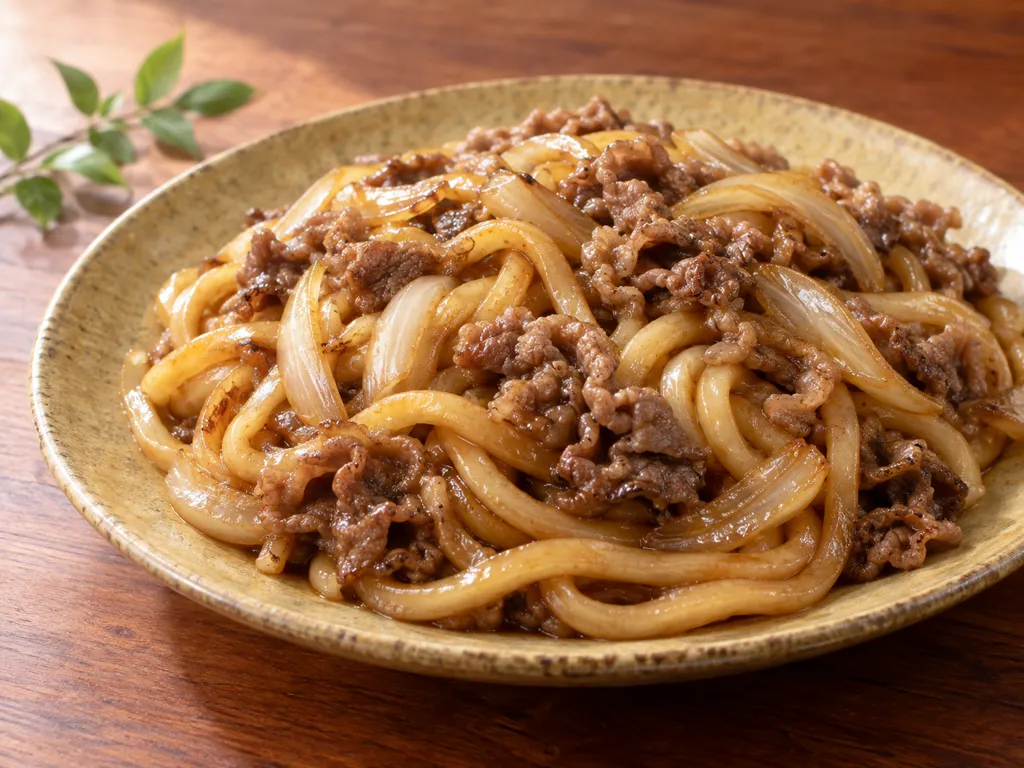 牛こま肉と玉ねぎの甘辛焼きうどんの完成イメージ