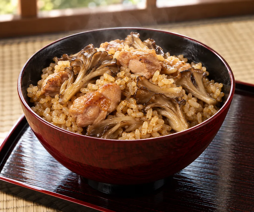鶏もも肉とまいたけの玄米炊き込みごはんの完成イメージ