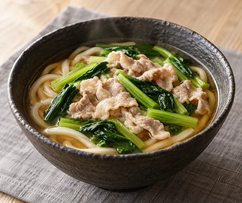 豚こま肉と小松菜のかけうどんの完成イメージ