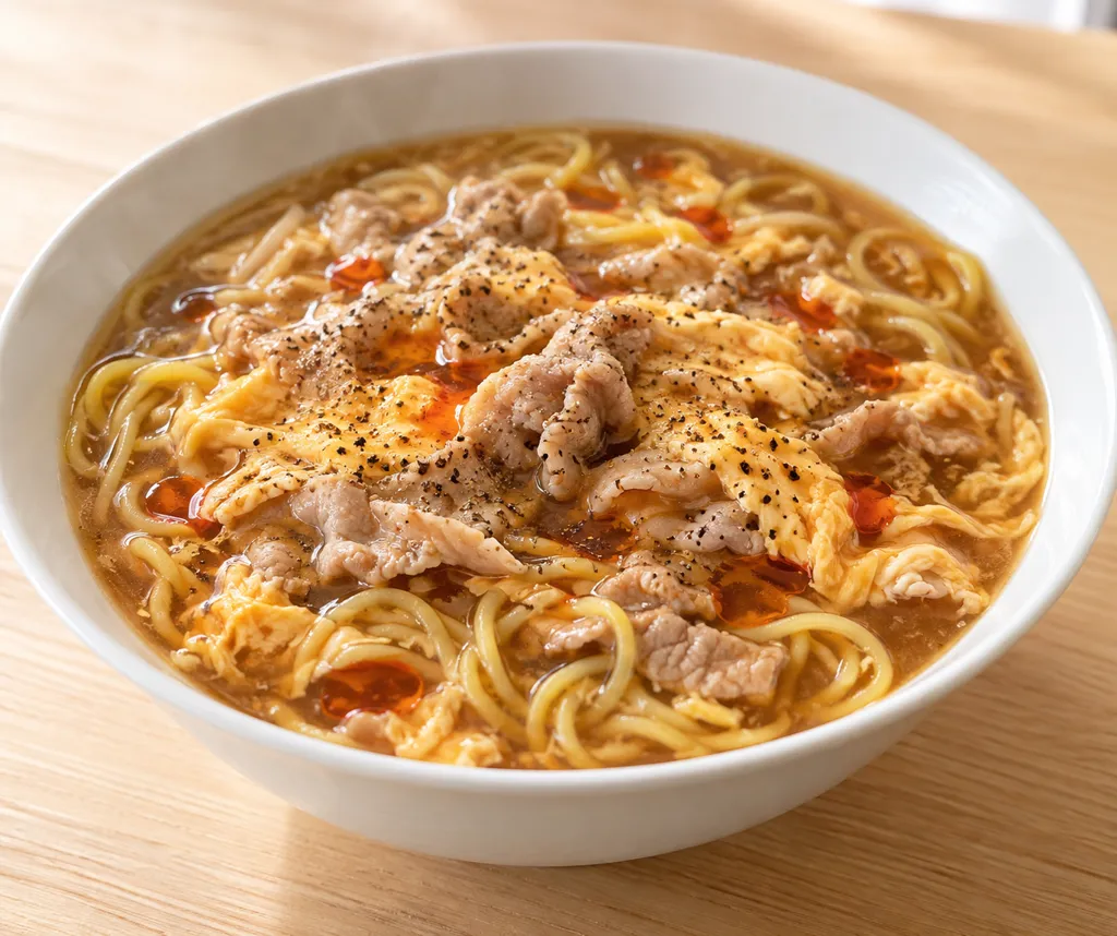 豚こま肉と卵の酸辣湯麺の完成イメージ