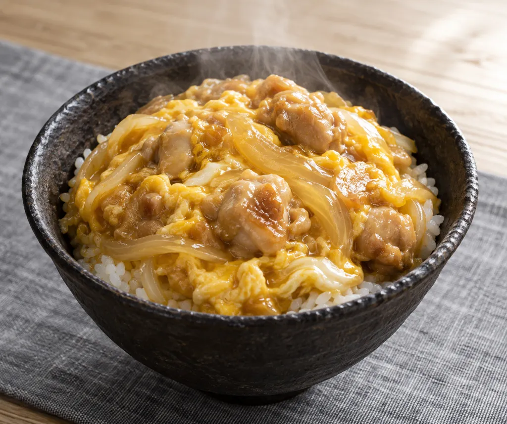 鶏もも肉と玉ねぎのしょうが親子丼の完成イメージ
