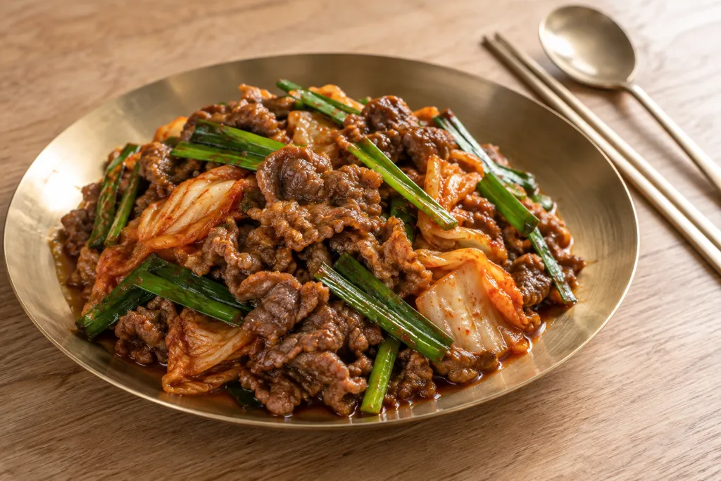牛こま肉とニラのキムチ炒めの完成イメージ