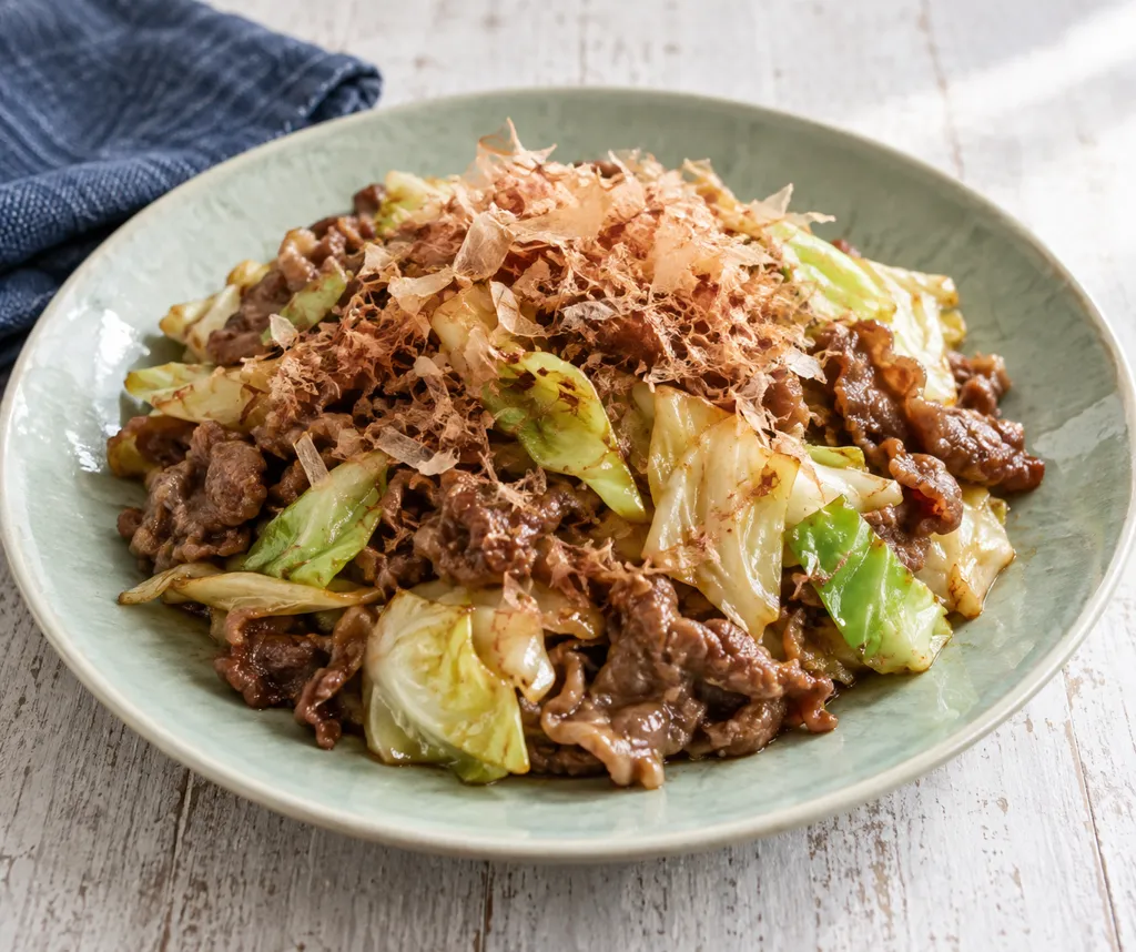 牛薄切り肉とキャベツのおかか炒めの完成イメージ