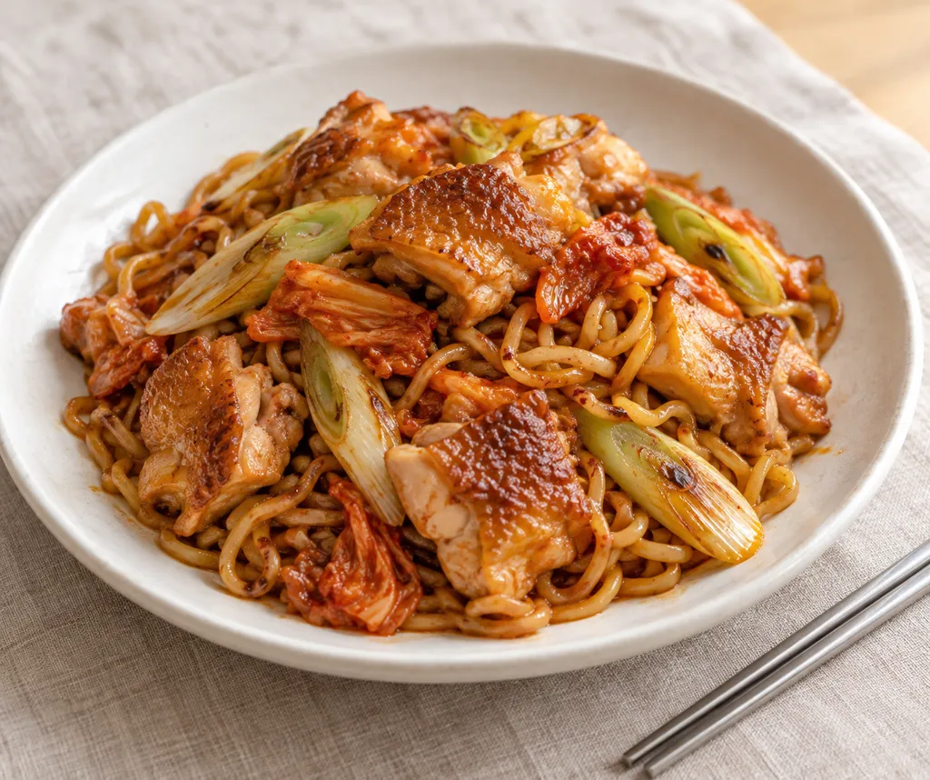 鶏もも肉とねぎのキムチ焼き麺の完成イメージ