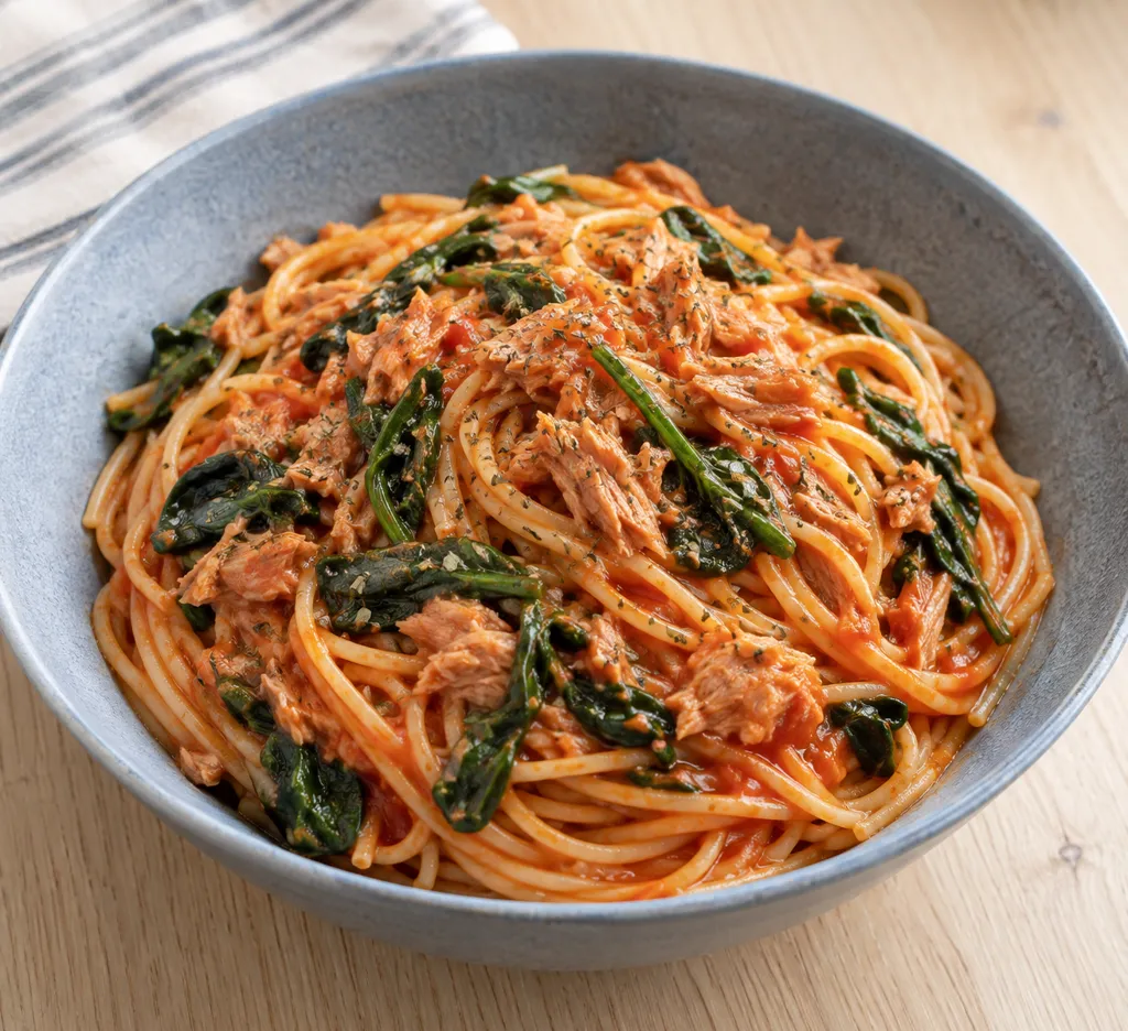 ツナとほうれん草のケチャップパスタの完成イメージ