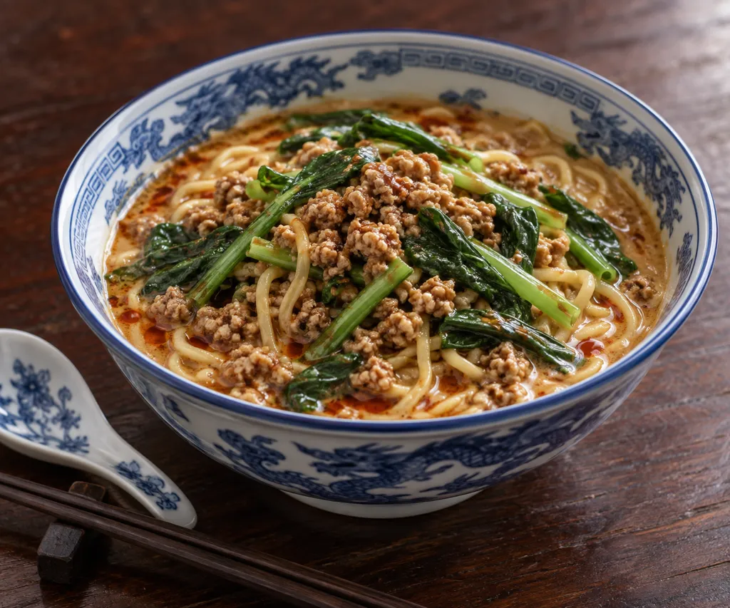 空心菜と豚ひき肉の担々麺の完成イメージ