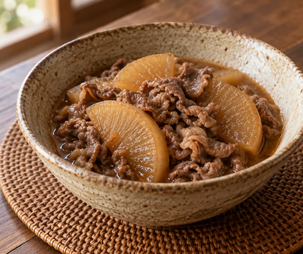 牛薄切り肉と大根の味噌煮込みの完成イメージ