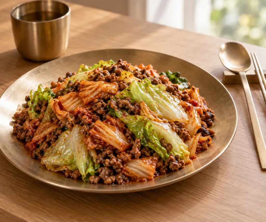 牛ひき肉とレタスのキムチ炒めの完成イメージ