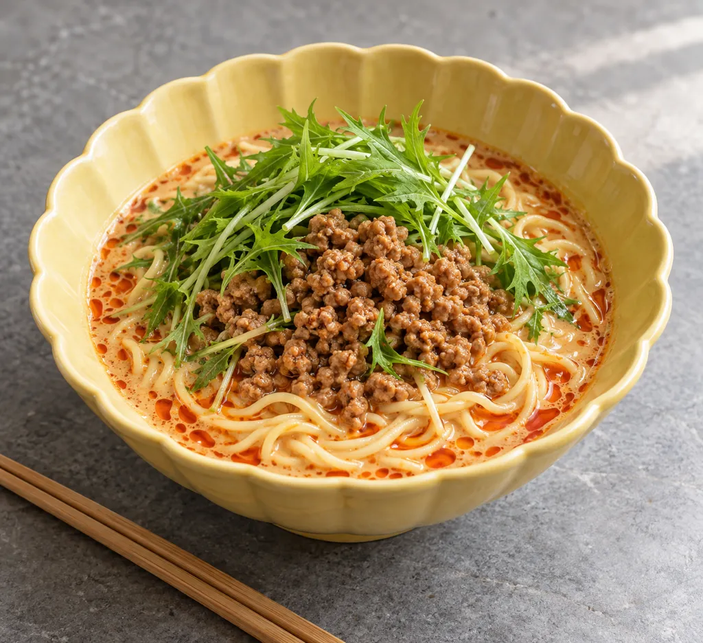 水菜と豚ひき肉の担々麺の完成イメージ