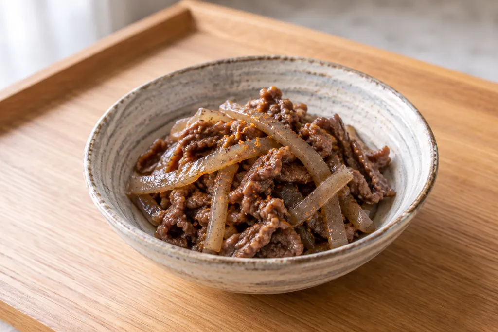 こんにゃくと牛こま肉の七味炒りの完成イメージ