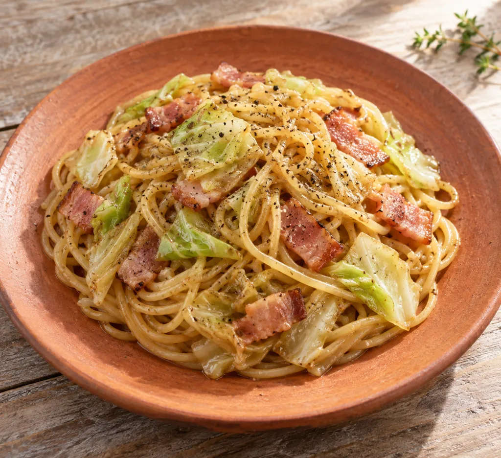 ベーコンとキャベツの醤油パスタの完成イメージ