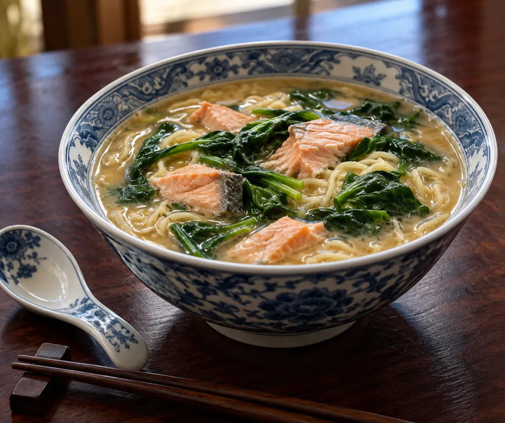 鮭とほうれん草の味噌中華スープ麺の完成イメージ
