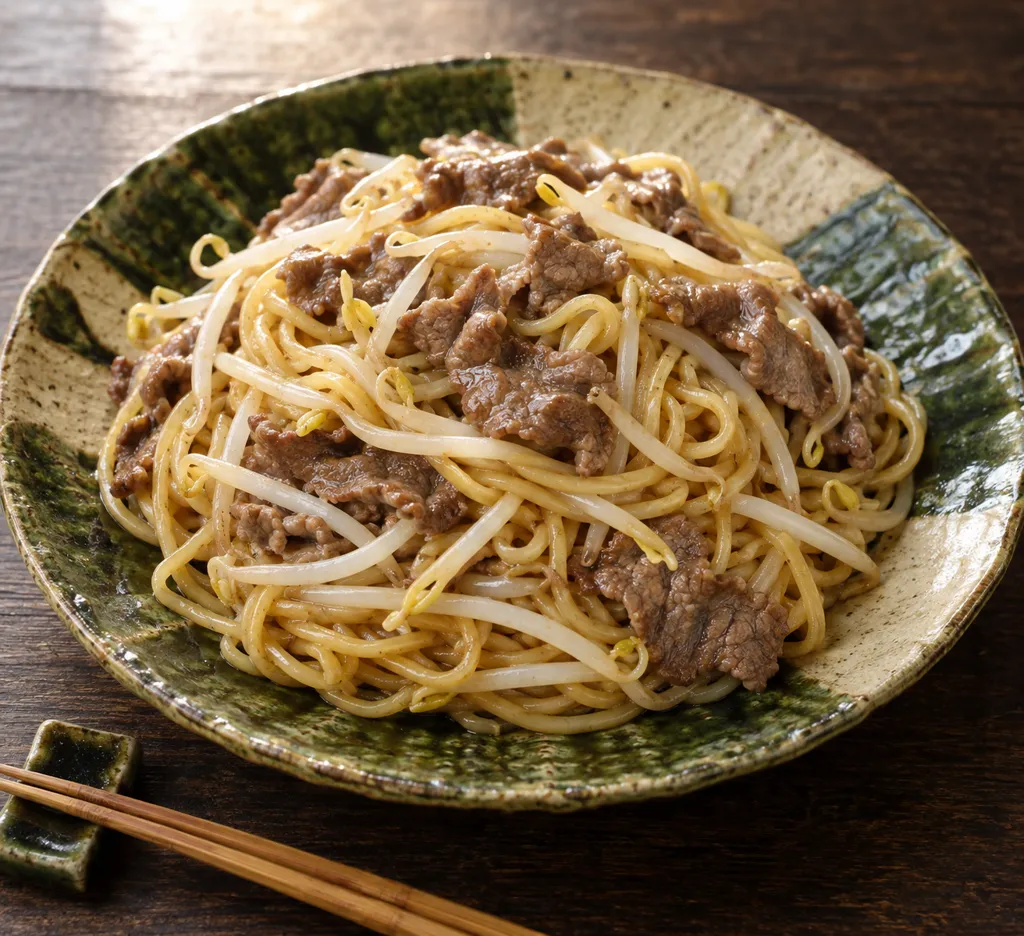 牛薄切り肉ともやしの塩焼きそばの完成イメージ